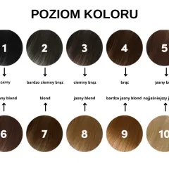 Paleta odcieni włosów od czarnego (1) do najjaśniejszego blondu (10). Różne pigmenty do farb pozwalają uzyskać każdy z tych kolorów.