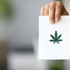 Dłoń trzyma białą torbę z zielonym liściem konopi. To może być opakowanie na papier konopny.