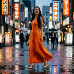 Kobieta w sukni w kolorze **orange** idzie ulicą Tokio. Neonowe światła odbijają się w mokrym bruku.