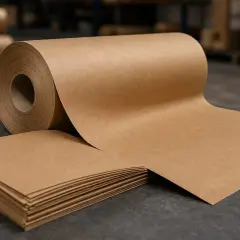 Duża rolka papieru typu kraft i stos kwadratowych arkuszy na ciemnym blacie. Idealne do pakowania i kreatywnych projektów.