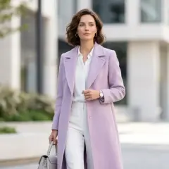 Elegancka kobieta w płaszczu w kolorze liliowy fiolet, białej koszuli i spodniach, z szarą torebką.