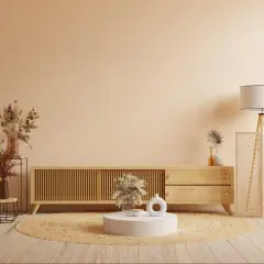 Salon w odcieniach koloru lnu. Drewniana komoda, okrągły dywan, palma i dekoracje tworzą przytulną atmosferę.