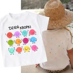 Biała koszulka z napisem "Dzień Kropki" i wesołymi kropkami. Jak zrobic kropki na koszulce? Proste wzory dla dzieci.
