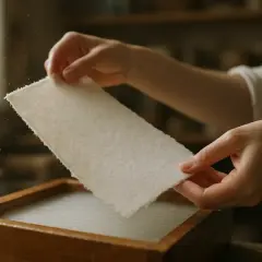 Ręce wyciągają z drewnianej ramy mokry, biały arkusz. To właśnie papier czerpany, tworzony ręcznie z włókien.