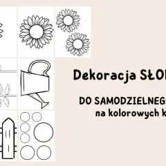Szablony słoneczników z papieru do wycięcia: kwiaty, łodygi, liście, konewka, płotki i kółka. Idealne do tworzenia własnych dekoracji.