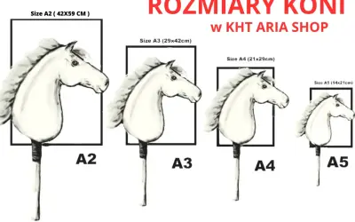 Różne rozmiary koni w formie rysunku. Wzór konia prezentowany w rozmiarach A2, A3, A4 i A5.