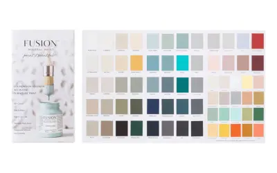 Karta kolorów farb Fusion Mineral Paint prezentuje bogactwo odcieni, od subtelnych beżów po intensywne zielenie i błękity.