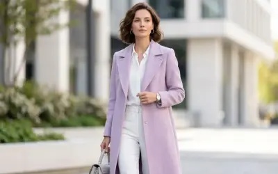 Elegancka kobieta w płaszczu w kolorze liliowy fiolet, białej koszuli i spodniach, z szarą torebką.