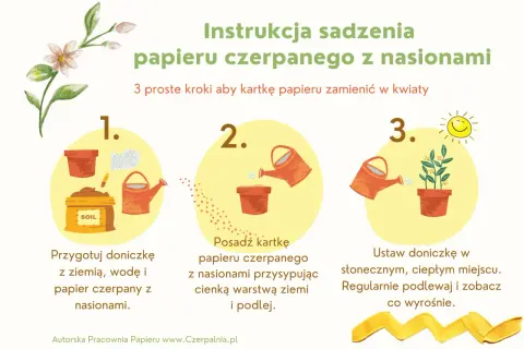 Instrukcja sadzenia papieru czerpanego z nasionami: przygotuj doniczkę, posadź papier i podlej, a potem ustaw w słonecznym miejscu.