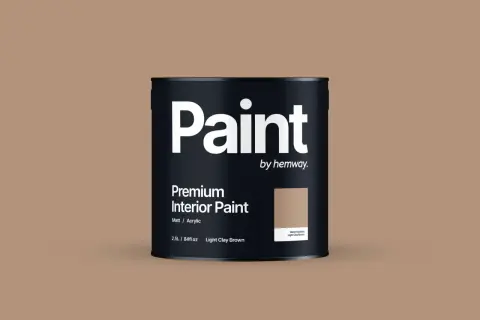 Puszka z farbą "Paint by hemway" w odcieniu Light Clay Brown. Ta brunatna farba z glinki nada wnętrzu ciepły, naturalny charakter.