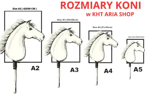 Różne rozmiary koni w formie rysunku. Wzór konia prezentowany w rozmiarach A2, A3, A4 i A5.