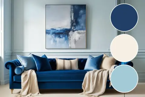 Granatowa sofa i poduszki przywodzą na myśl głębię błękitu oceanu. Obraz na ścianie i jasne dodatki dopełniają spokojną, morską atmosferę.