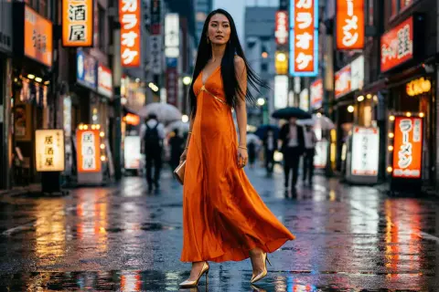 Kobieta w sukni w kolorze **orange** idzie ulicą Tokio. Neonowe światła odbijają się w mokrym bruku.