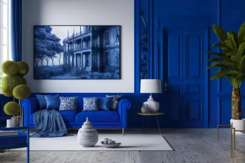 Salon w odcieniach **cobalt blue**. Błękitna sofa, ściany i drzwi tworzą monochromatyczną przestrzeń. Obraz przedstawia dwór w podobnej tonacji.
