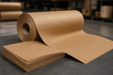 Duża rolka papieru typu kraft i stos kwadratowych arkuszy na ciemnym blacie. Idealne do pakowania i kreatywnych projektów.
