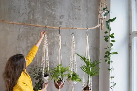 Kobieta w żółtym swetrze wiesza rośliny w makramowych kwietnikach DIY. Dekoracja ścienna z naturalnych materiałów.