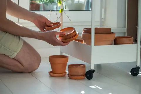 Mężczyzna układa gliniane osłonki na doniczkę 10 cm na białym wózku.