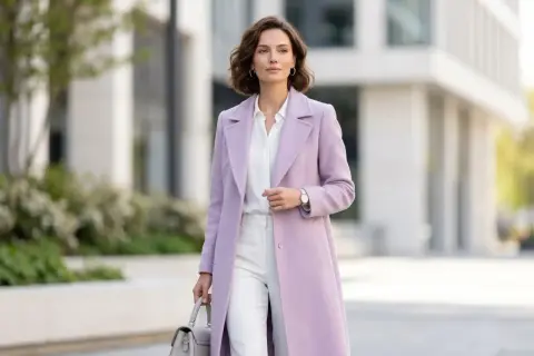 Elegancka kobieta w płaszczu w kolorze liliowy fiolet, białej koszuli i spodniach, z szarą torebką.