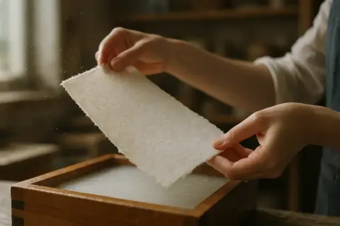 Ręce wyciągają z drewnianej ramy mokry, biały arkusz. To właśnie papier czerpany, tworzony ręcznie z włókien.