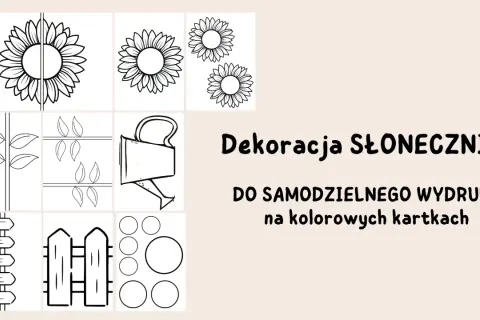 Szablony słoneczników z papieru do wycięcia: kwiaty, łodygi, liście, konewka, płotki i kółka. Idealne do tworzenia własnych dekoracji.