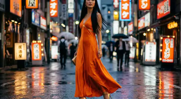 Kobieta w sukni w kolorze **orange** idzie ulicą Tokio. Neonowe światła odbijają się w mokrym bruku.