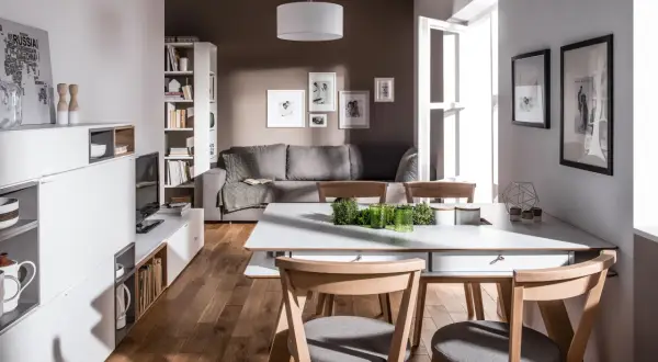 Nowoczesny salon z szarą kanapą i drewnianymi meblami. Dominują kolory brąz i szary, tworząc przytulną atmosferę.