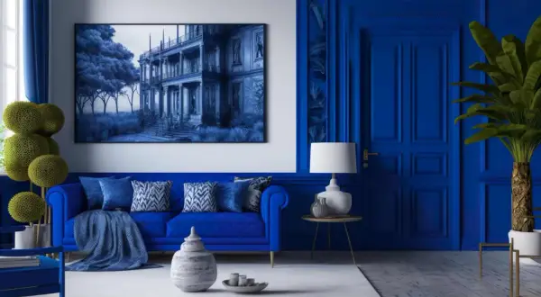 Salon w odcieniach **cobalt blue**. Błękitna sofa, ściany i drzwi tworzą monochromatyczną przestrzeń. Obraz przedstawia dwór w podobnej tonacji.