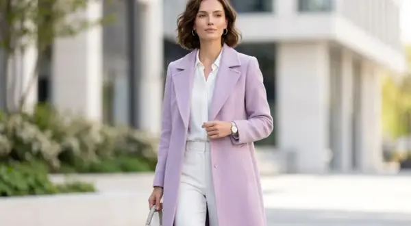 Elegancka kobieta w płaszczu w kolorze liliowy fiolet, białej koszuli i spodniach, z szarą torebką.
