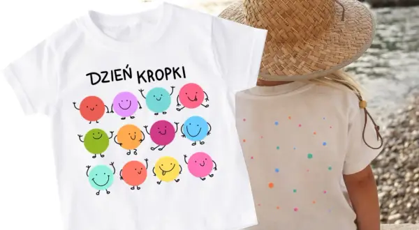 Biała koszulka z napisem "Dzień Kropki" i wesołymi kropkami. Jak zrobic kropki na koszulce? Proste wzory dla dzieci.