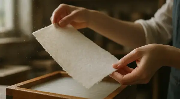 Ręce wyciągają z drewnianej ramy mokry, biały arkusz. To właśnie papier czerpany, tworzony ręcznie z włókien.