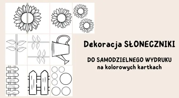 Szablony słoneczników z papieru do wycięcia: kwiaty, łodygi, liście, konewka, płotki i kółka. Idealne do tworzenia własnych dekoracji.