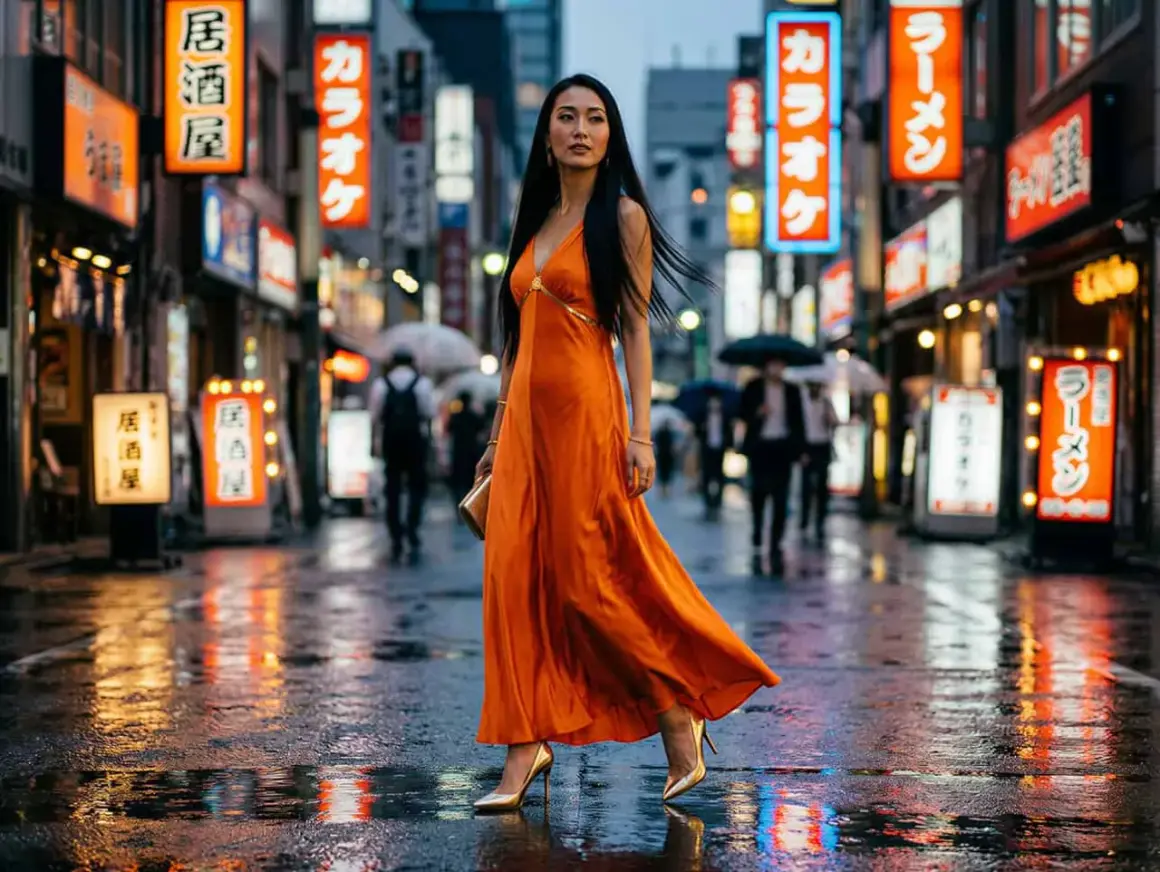 Kobieta w sukni w kolorze **orange** idzie ulicą Tokio. Neonowe światła odbijają się w mokrym bruku.