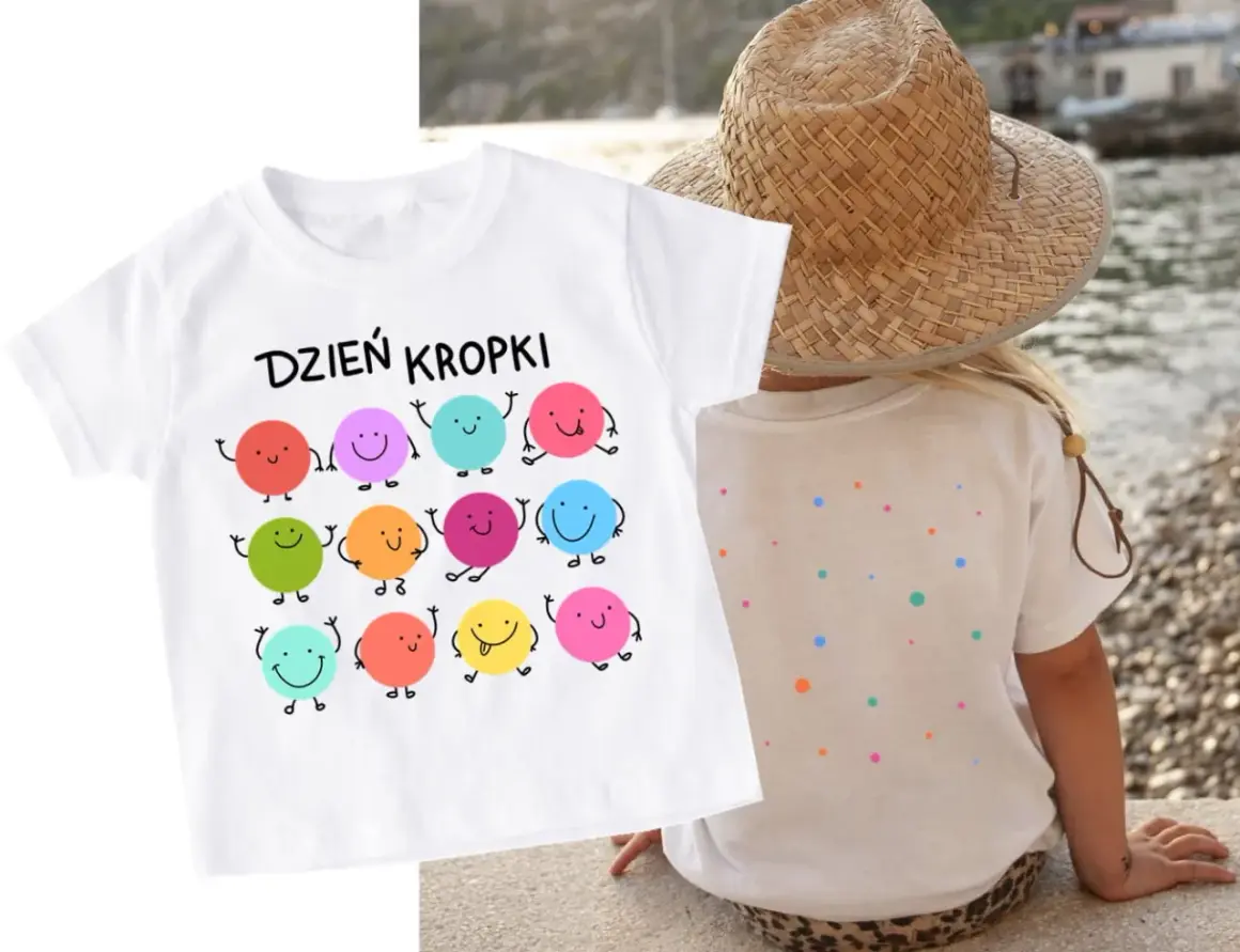 Biała koszulka z napisem "Dzień Kropki" i wesołymi kropkami. Jak zrobic kropki na koszulce? Proste wzory dla dzieci.