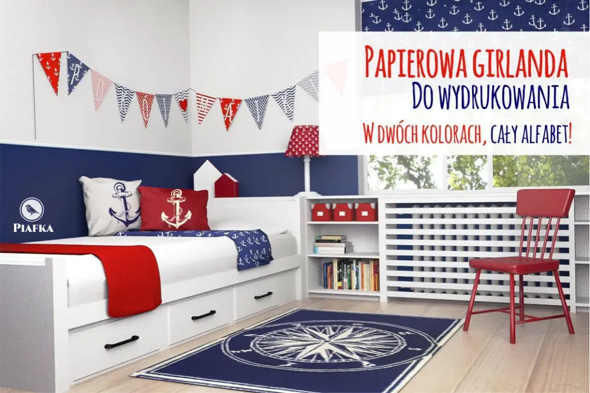 Marynistyczna girlanda szablon do druku, idealna do pokoju dziecięcego. Dekoracja w kolorach biało-granatowo-czerwonym.