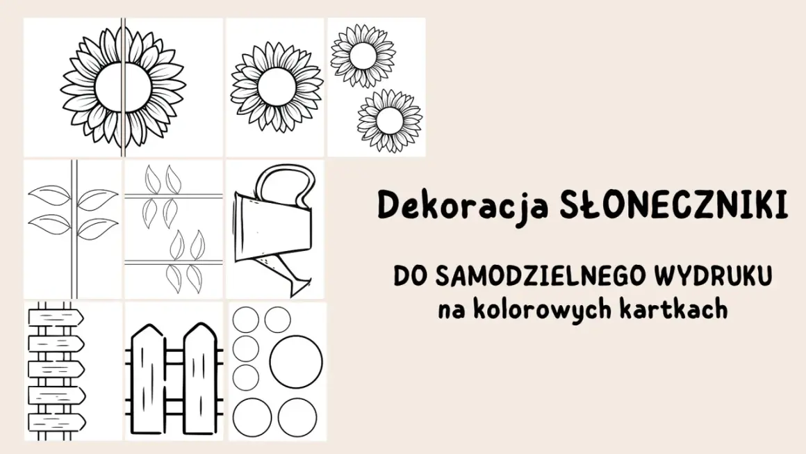 Szablony słoneczników z papieru do wycięcia: kwiaty, łodygi, liście, konewka, płotki i kółka. Idealne do tworzenia własnych dekoracji.