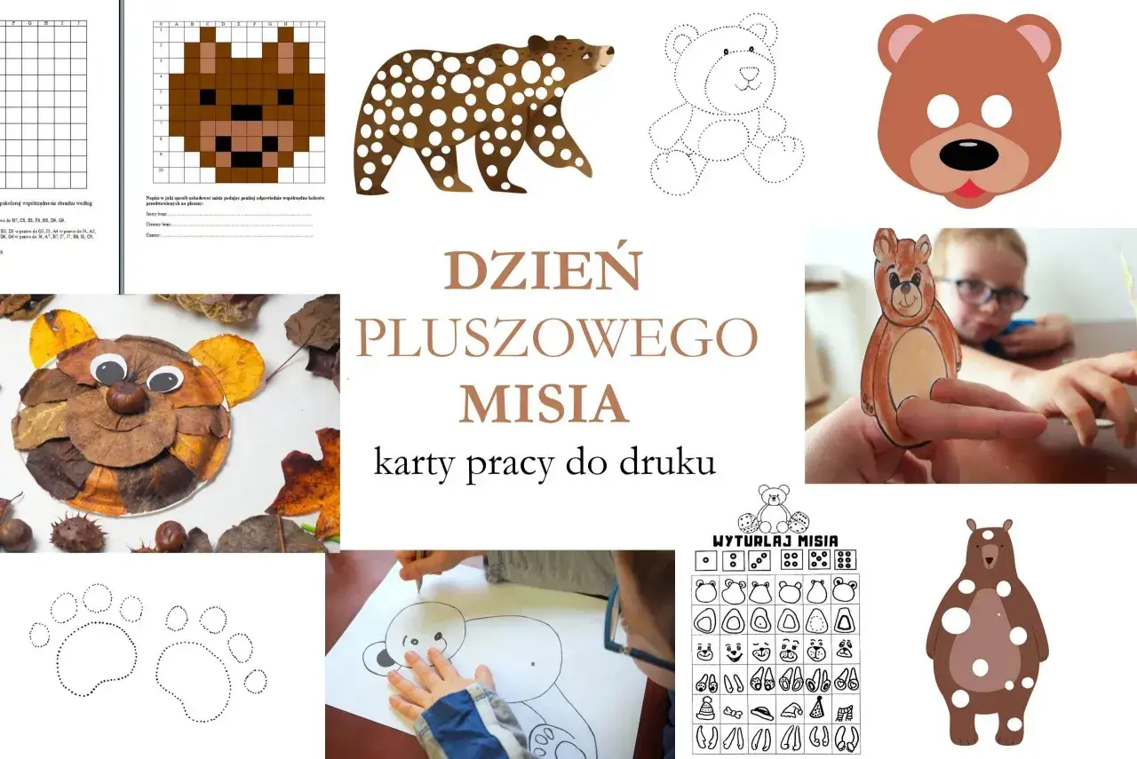 Karty pracy do druku na Dzień Pluszowego Misia: rysowanie, wycinanie, tworzenie misi&oacute;w z liści i papieru. Jak zrobić pluszowego misia?
