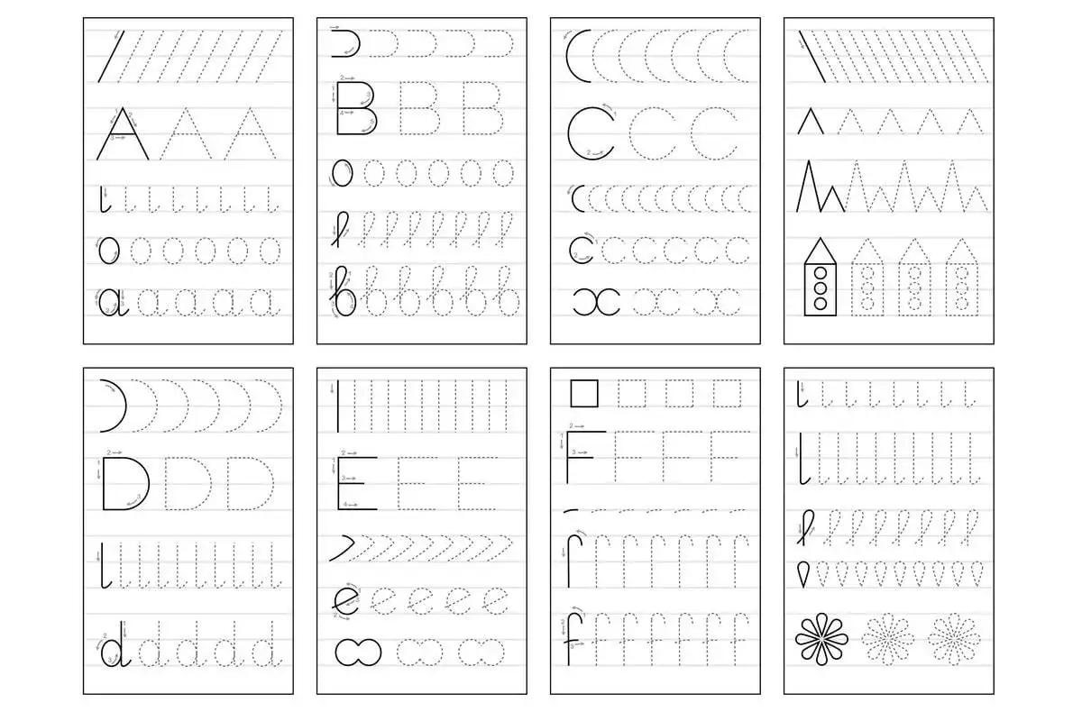 Ćwiczenia do nauki pisania: litery A, B, C, D, E, F, a, b, d, e, domki, linie, kółka, łuki, wzory. Pismo drukowane.