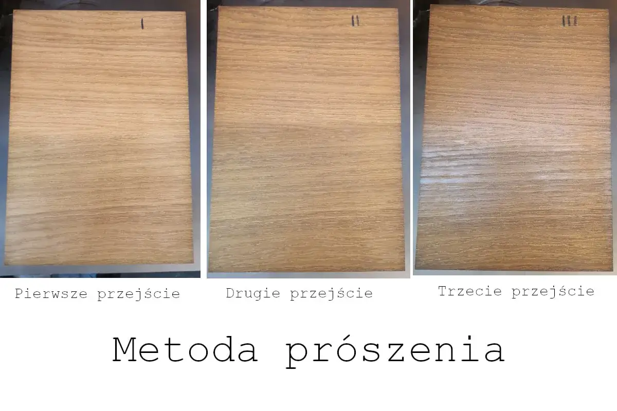 Trzy próbki drewna pokazują efekt bejcowania: pierwsze przejście, drugie i trzecie. Metoda