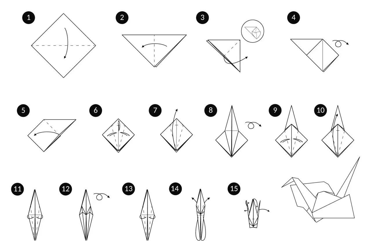 Instrukcja krok po kroku, jak złożyć origami. Zaczynając od kwadratowej kartki, powstaje piękny łabędź z serwetki.