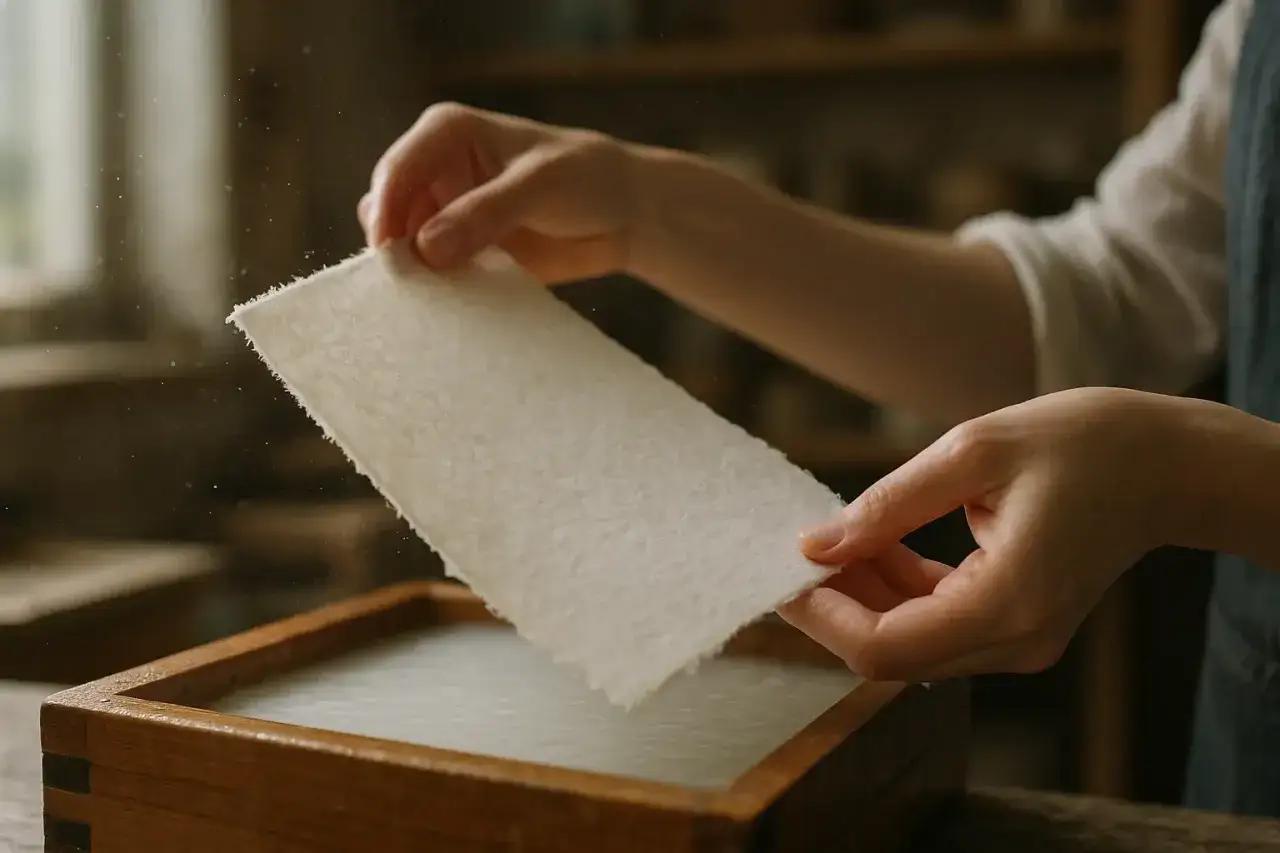 Ręce wyjmują z drewnianej ramy mokry arkusz, pokazując, jak powstaje papier czerpany.