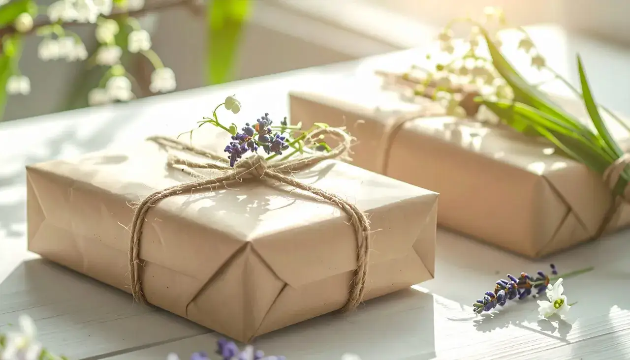 Jak zapakować kwiaty w papier? Dwa prezenty owinięte w brązowy papier, ozdobione sznurkiem i świeżymi kwiatami, wyglądają uroczo.