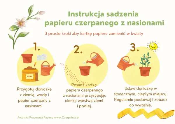 Instrukcja sadzenia papieru czerpanego z nasionami: przygotuj doniczkę, posadź papier i podlej, a potem ustaw w słonecznym miejscu.