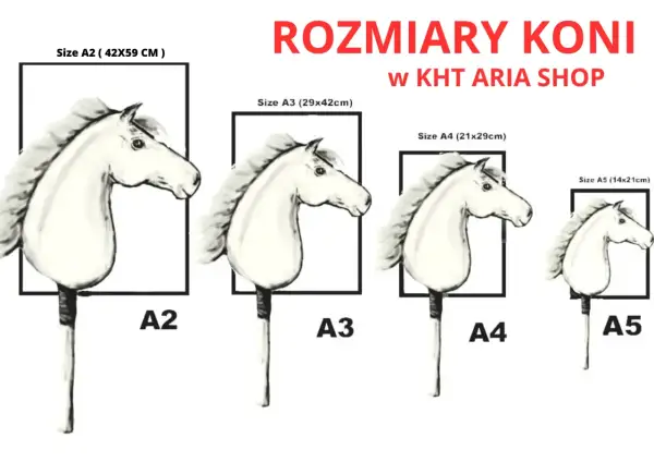 Różne rozmiary koni w formie rysunku. Wzór konia prezentowany w rozmiarach A2, A3, A4 i A5.