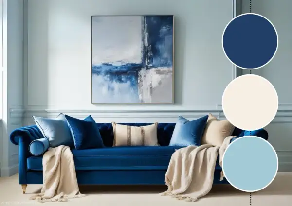 Granatowa sofa i poduszki przywodzą na myśl głębię błękitu oceanu. Obraz na ścianie i jasne dodatki dopełniają spokojną, morską atmosferę.