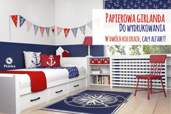 Marynistyczna girlanda szablon do druku, idealna do pokoju dziecięcego. Dekoracja w kolorach biało-granatowo-czerwonym.