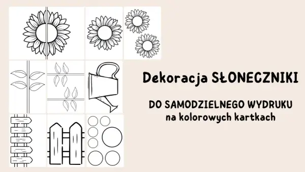 Szablony słoneczników z papieru do wycięcia: kwiaty, łodygi, liście, konewka, płotki i kółka. Idealne do tworzenia własnych dekoracji.